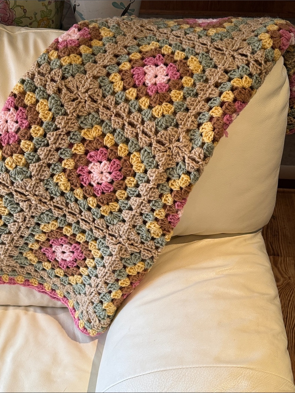 Handmade Blanket-Crocheted Granny Square-Pink/Brown/Green/Yellow-Gently Used - Picture 6 of 17
